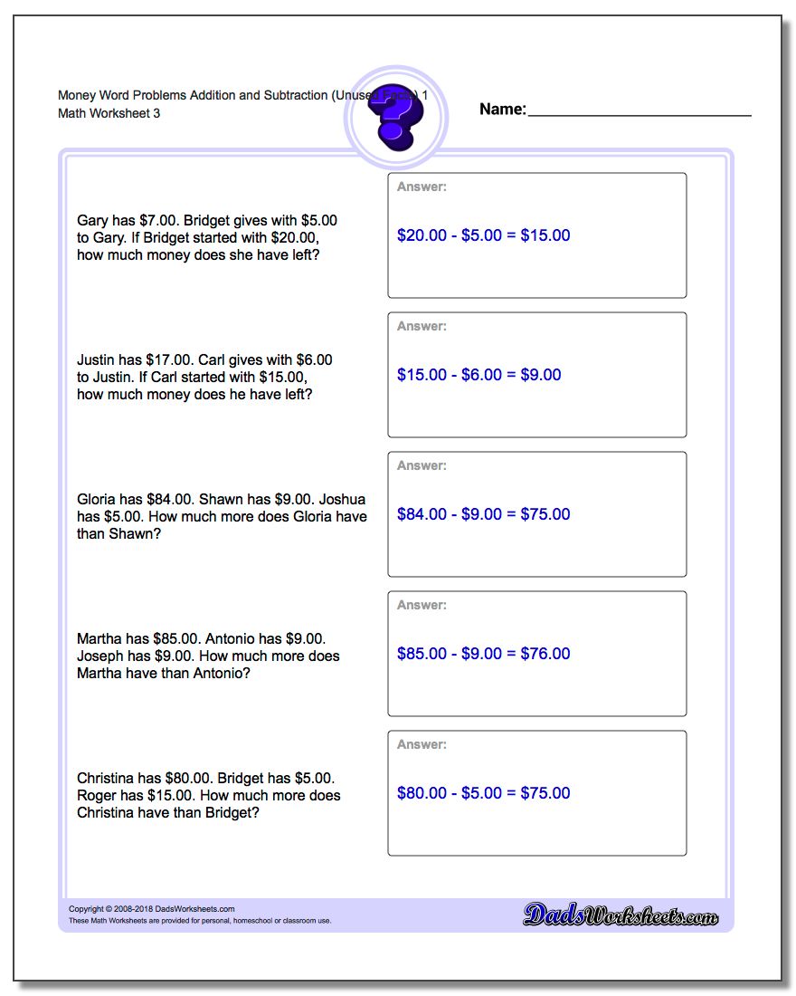 Money Word Problems Worksheet Addition Worksheet and Subtraction Worksheet (Unused Facts) 1