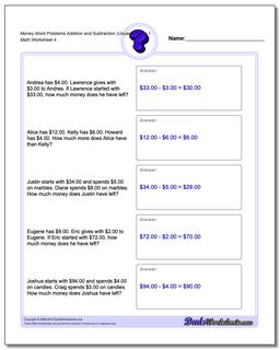 Money Word Problems Worksheet Addition Worksheet and Subtraction Worksheet (Unused Facts) 1