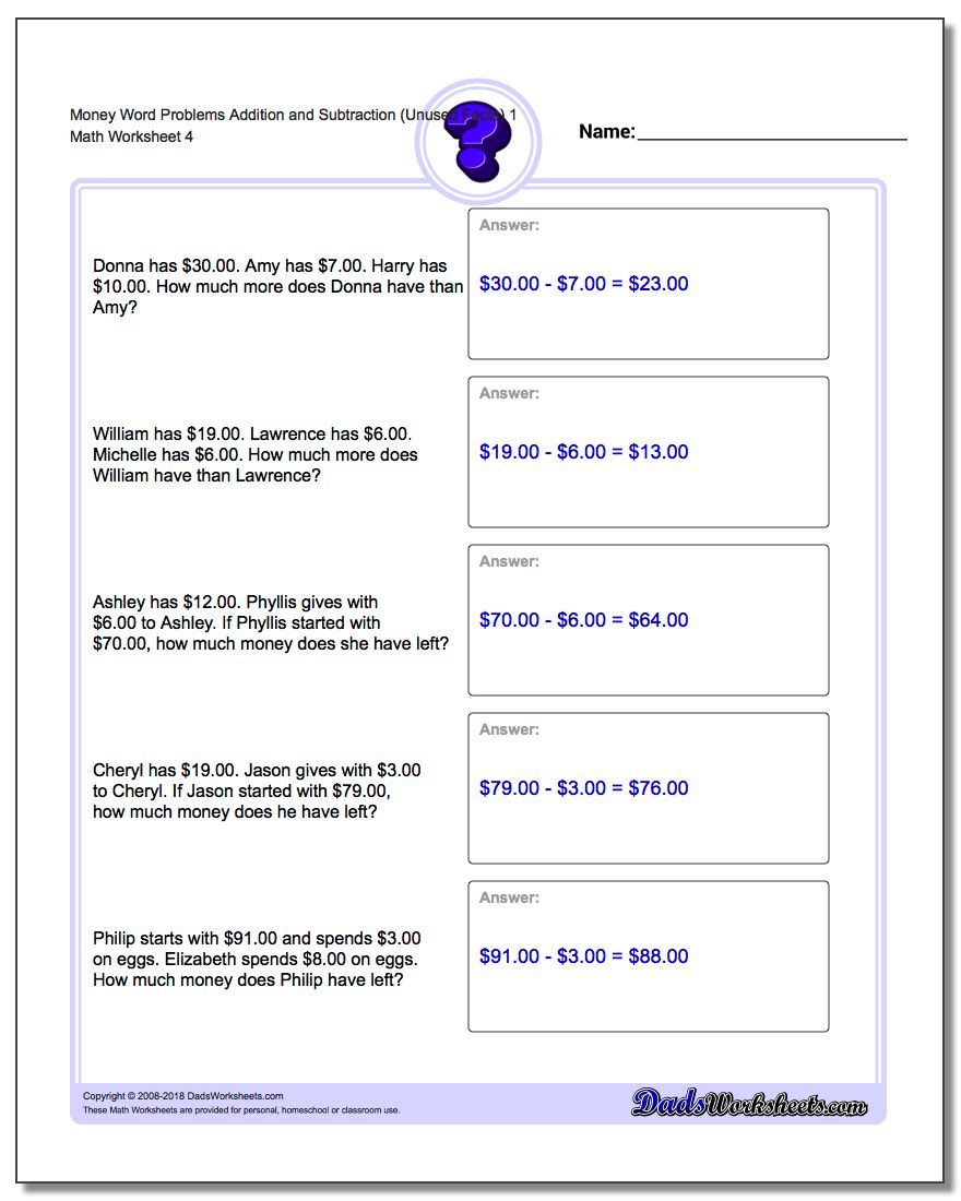 Money Word Problems Worksheet Addition Worksheet and Subtraction Worksheet (Unused Facts) 1