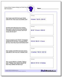 Money Word Problems Worksheet Division Worksheet Multiply and Divide One (Unused Facts)