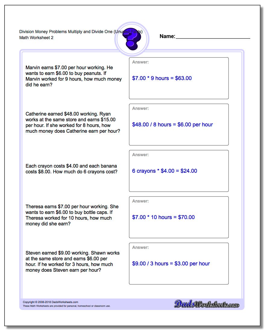 Division Worksheet Money Problems Worksheet Multiply and Divide One (Unused Facts) www.dadsworksheets.com/worksheets/money-word-problems.html