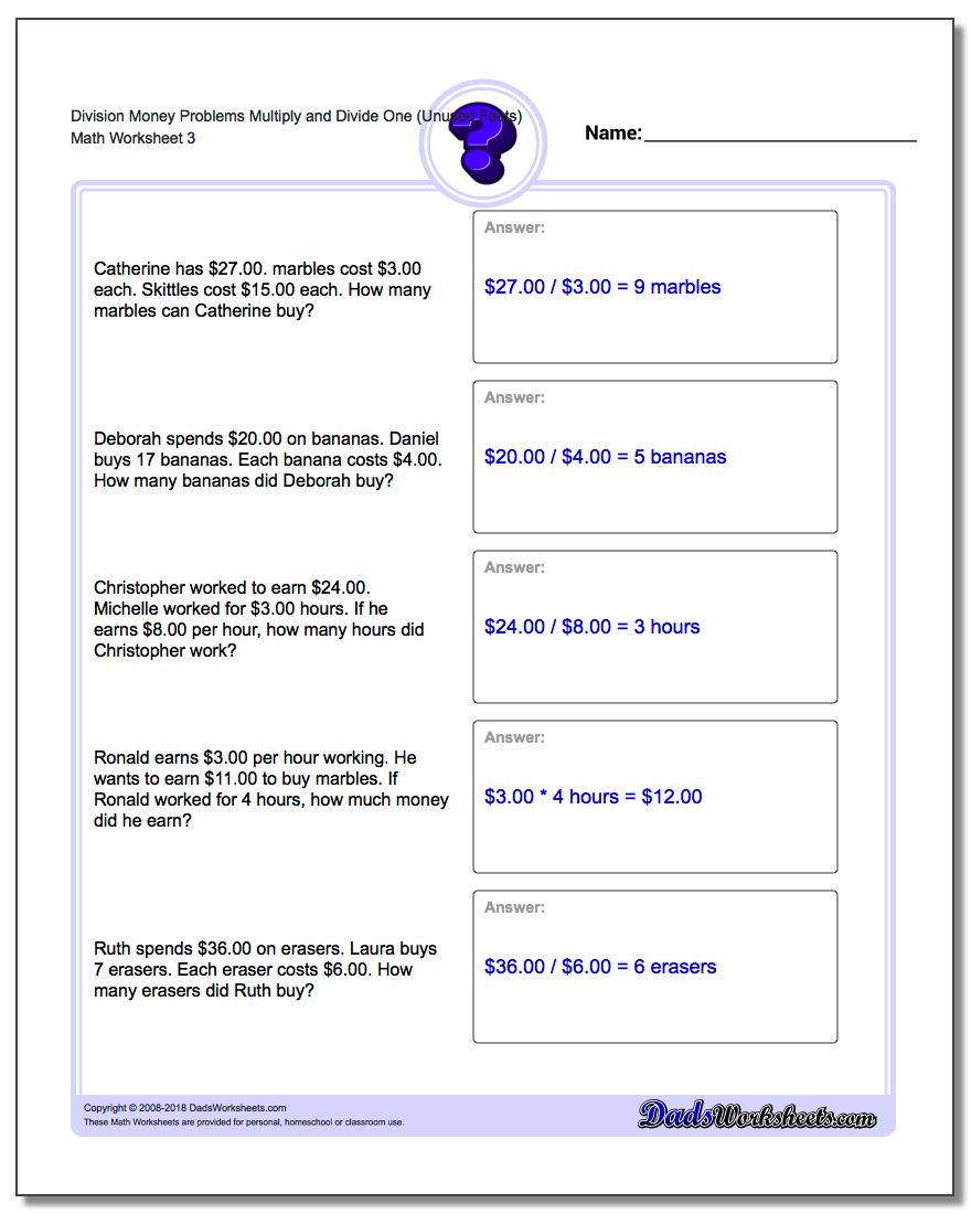 Division Worksheet Money Problems Worksheet Multiply and Divide One (Unused Facts)