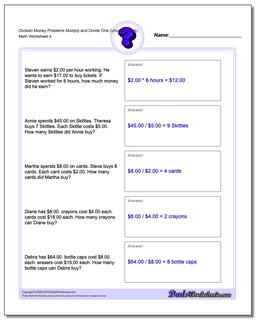 Division Worksheet Money Problems Worksheet Multiply and Divide One (Unused Facts)