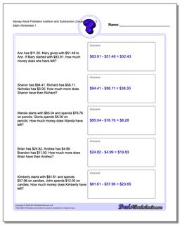 Money Word Problems Worksheet Addition Worksheet and Subtraction Worksheet (Unused Facts) 3