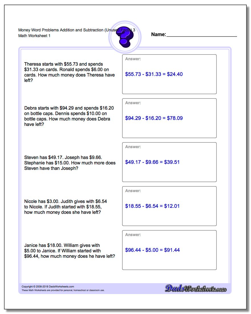 Money Word Problems Worksheet Addition Worksheet and Subtraction Worksheet (Unused Facts) 3