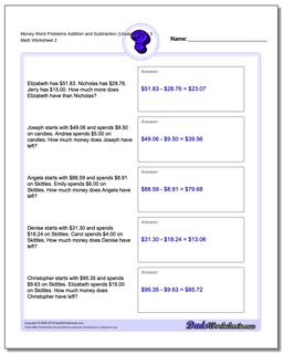 Money Word Problems Worksheet Addition Worksheet and Subtraction Worksheet (Unused Facts) 3 /worksheets/money-word-problems.html