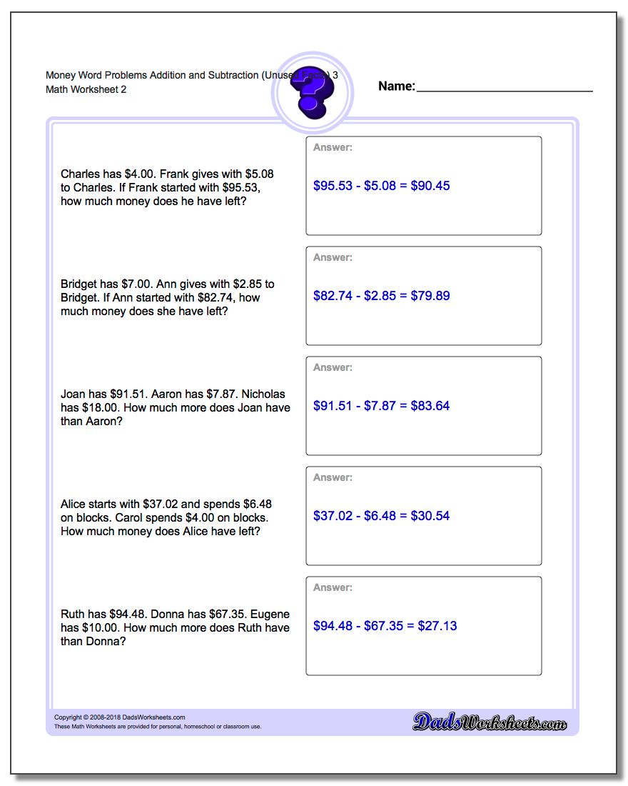 Money Word Problems Worksheet Addition Worksheet and Subtraction Worksheet (Unused Facts) 3 www.dadsworksheets.com/worksheets/money-word-problems.html