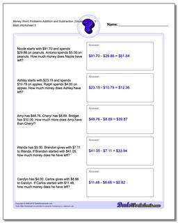 Money Word Problems Worksheet Addition Worksheet and Subtraction Worksheet (Unused Facts) 3