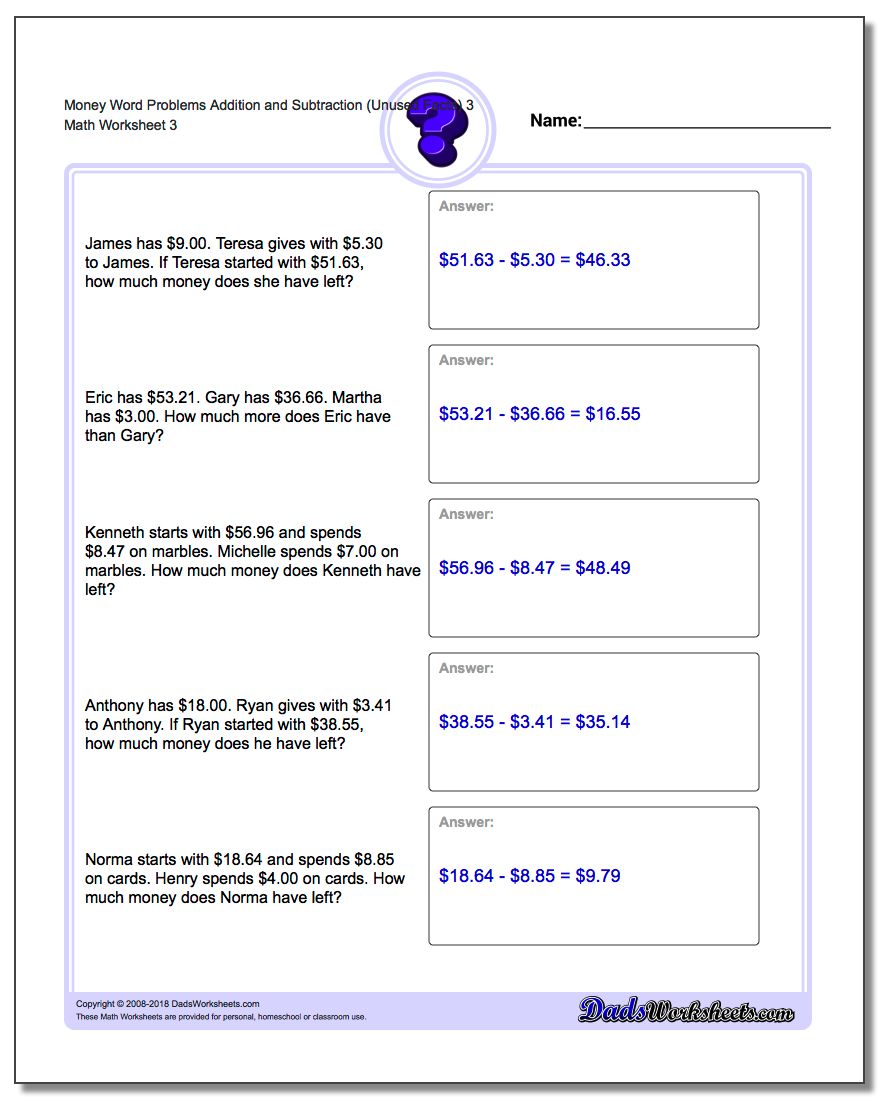 Money Word Problems Worksheet Addition Worksheet and Subtraction Worksheet (Unused Facts) 3