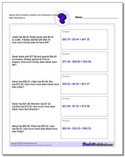 Money Word Problems Worksheet Addition Worksheet and Subtraction Worksheet (Unused Facts) 3