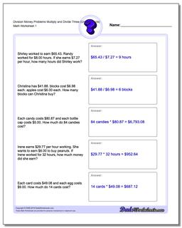 Money Word Problems Worksheet Division Worksheet Multiply and Divide Three (Unused Facts)
