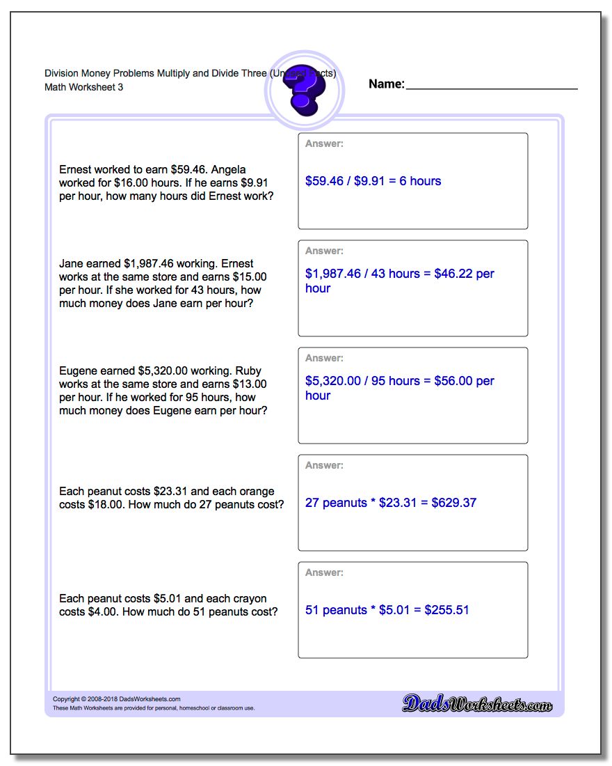 Division Worksheet Money Problems Worksheet Multiply and Divide Three (Unused Facts)