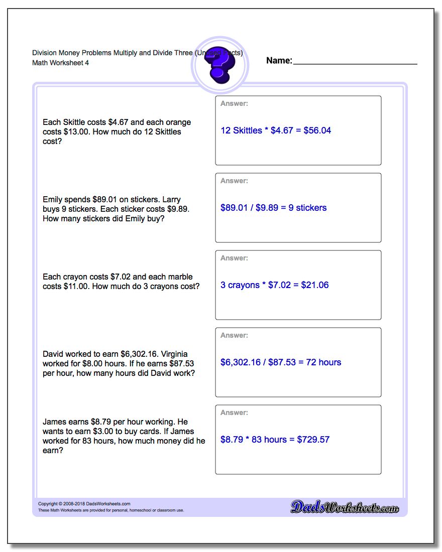 Division Worksheet Money Problems Worksheet Multiply and Divide Three (Unused Facts)