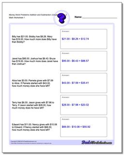 Money Word Problems Worksheet Addition Worksheet and Subtraction Worksheet (Unused Facts) 2