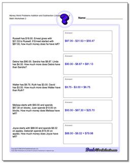 Money Word Problems Worksheet Addition Worksheet and Subtraction Worksheet (Unused Facts) 2 /worksheets/money-word-problems.html