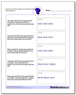 Money Word Problems Worksheet Addition Worksheet and Subtraction Worksheet (Unused Facts) 2