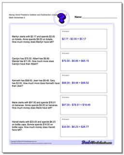 Money Word Problems Worksheet Addition Worksheet and Subtraction Worksheet (Unused Facts) 2