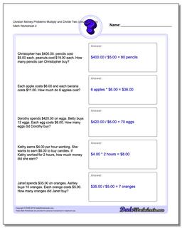 Division Worksheet Money Problems Worksheet Multiply and Divide Two (Unused Facts) /worksheets/money-word-problems.html