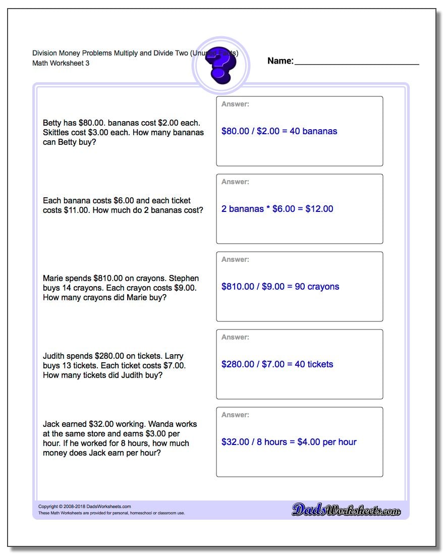 Division Worksheet Money Problems Worksheet Multiply and Divide Two (Unused Facts)