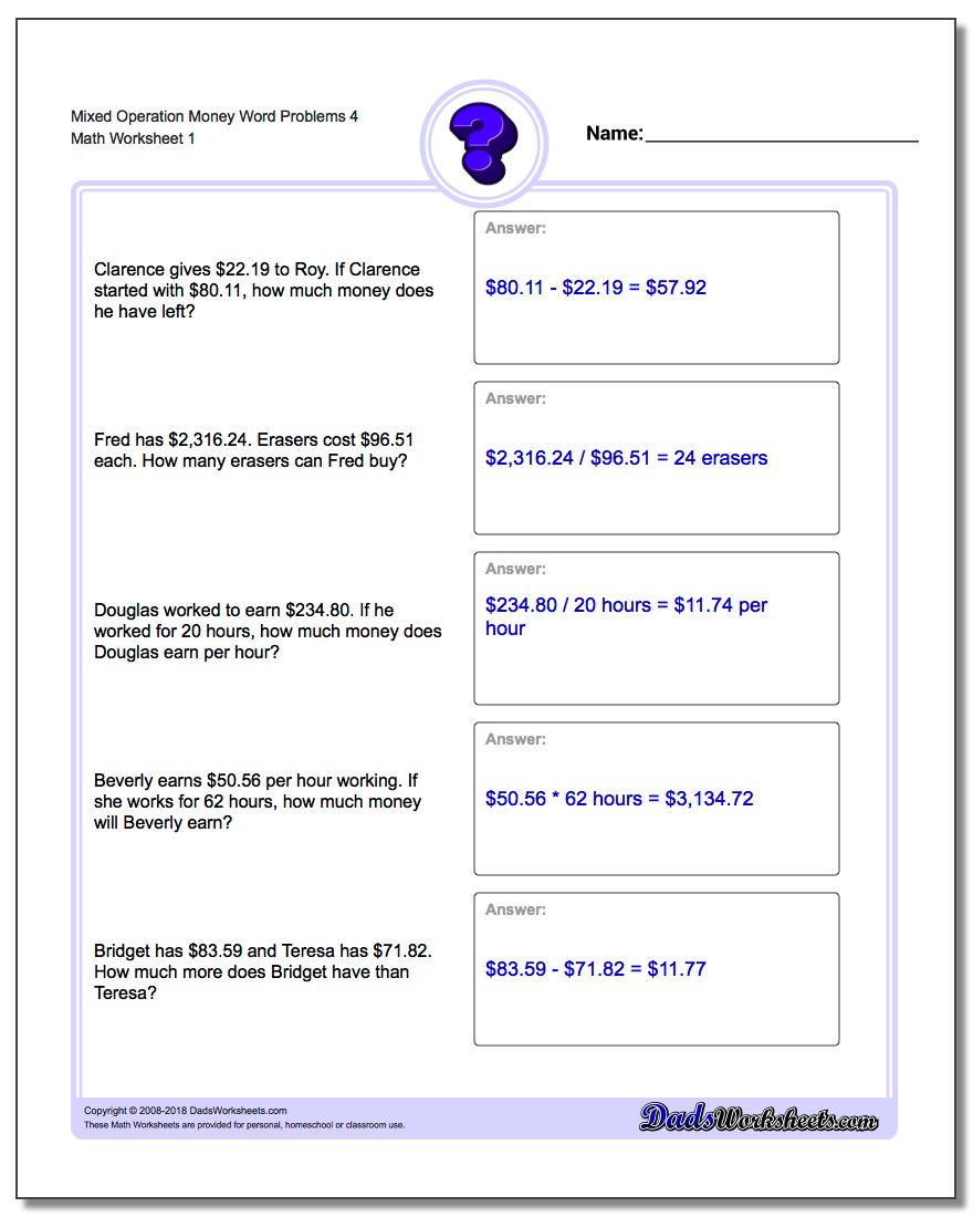 Money Word Problems Worksheet Mixed Operation 4