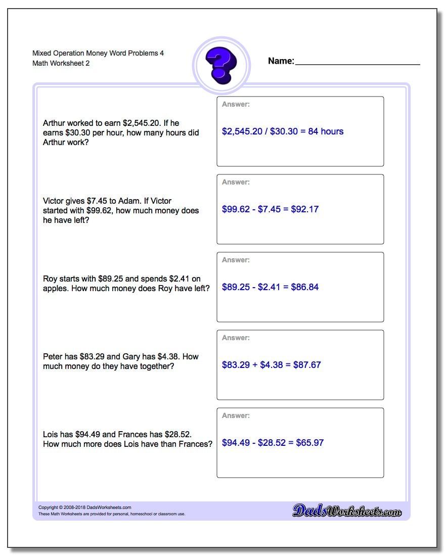 Mixed Operation Money Word Problems Worksheet 4 www.dadsworksheets.com/worksheets/money-word-problems.html