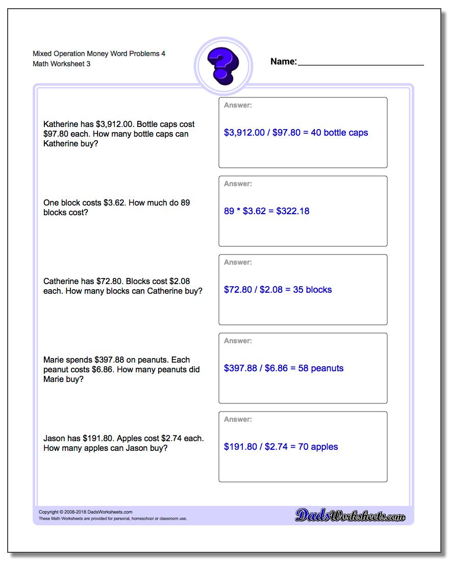 Mixed Operation Money Word Problems Worksheet 4