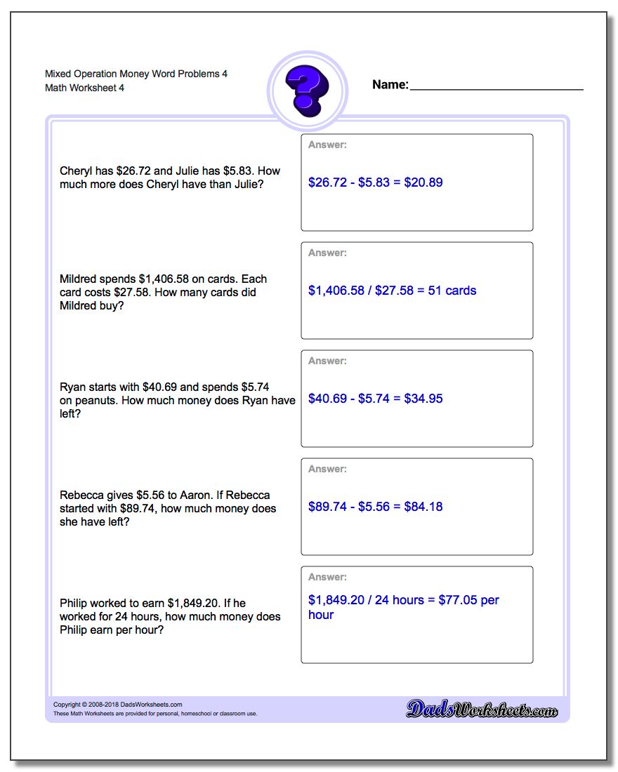 Mixed Operation Money Word Problems Worksheet 4