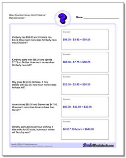 Money Word Problems Worksheet Mixed Operation 1