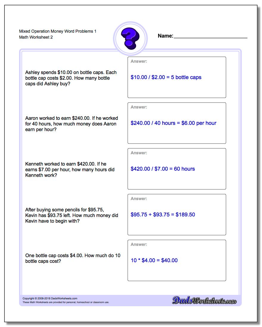 Mixed Operation Money Word Problems Worksheet 1 www.dadsworksheets.com/worksheets/money-word-problems.html