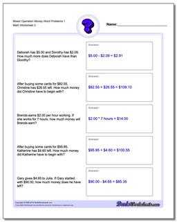 Mixed Operation Money Word Problems Worksheet 1