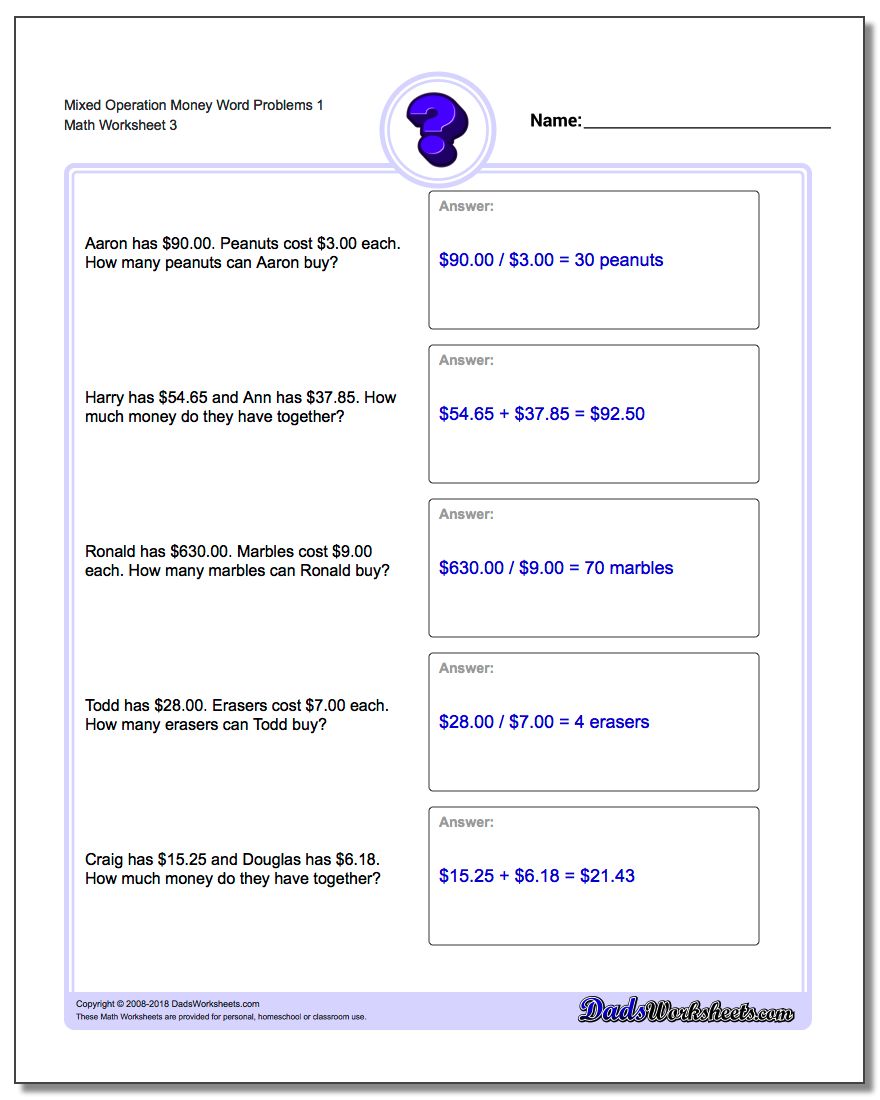 Mixed Operation Money Word Problems Worksheet 1