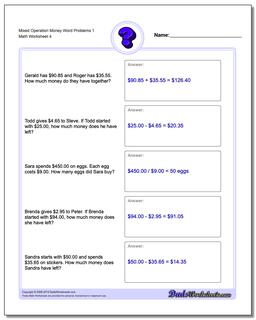 Mixed Operation Money Word Problems Worksheet 1