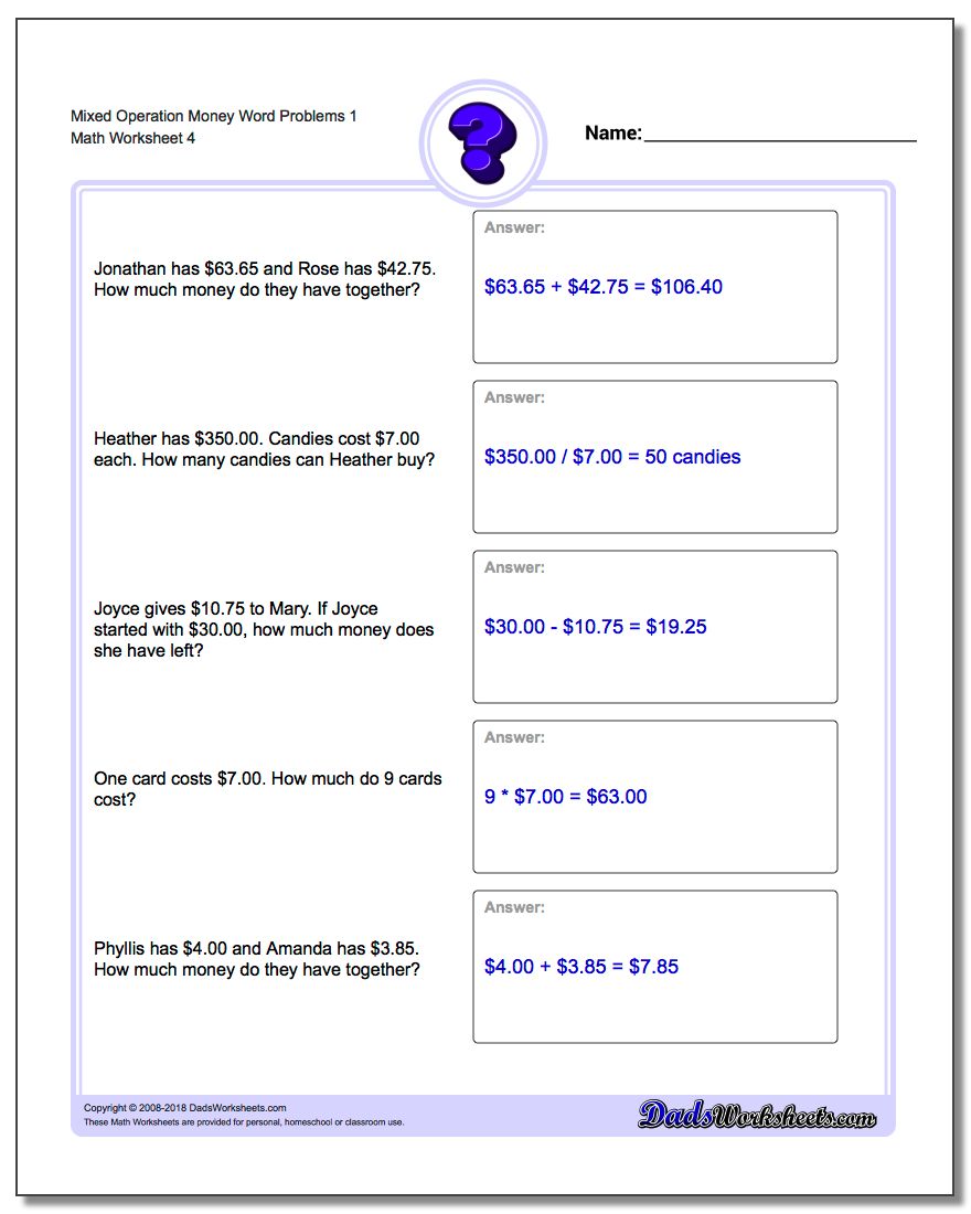 Mixed Operation Money Word Problems Worksheet 1