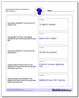 Money Word Problems Worksheet Mixed Operation 3