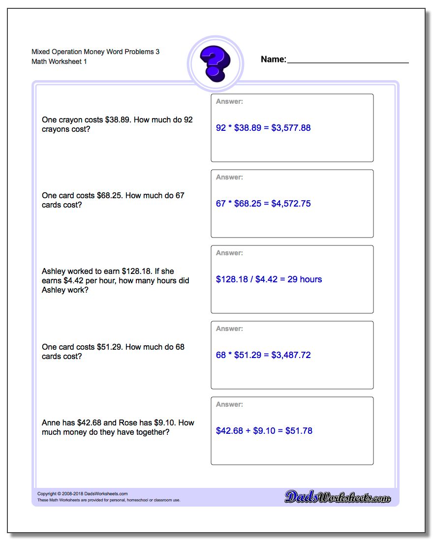 Money Word Problems Worksheet Mixed Operation 3