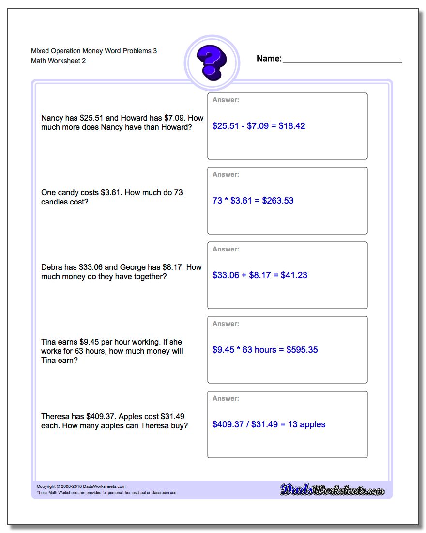 Mixed Operation Money Word Problems Worksheet 3 www.dadsworksheets.com/worksheets/money-word-problems.html