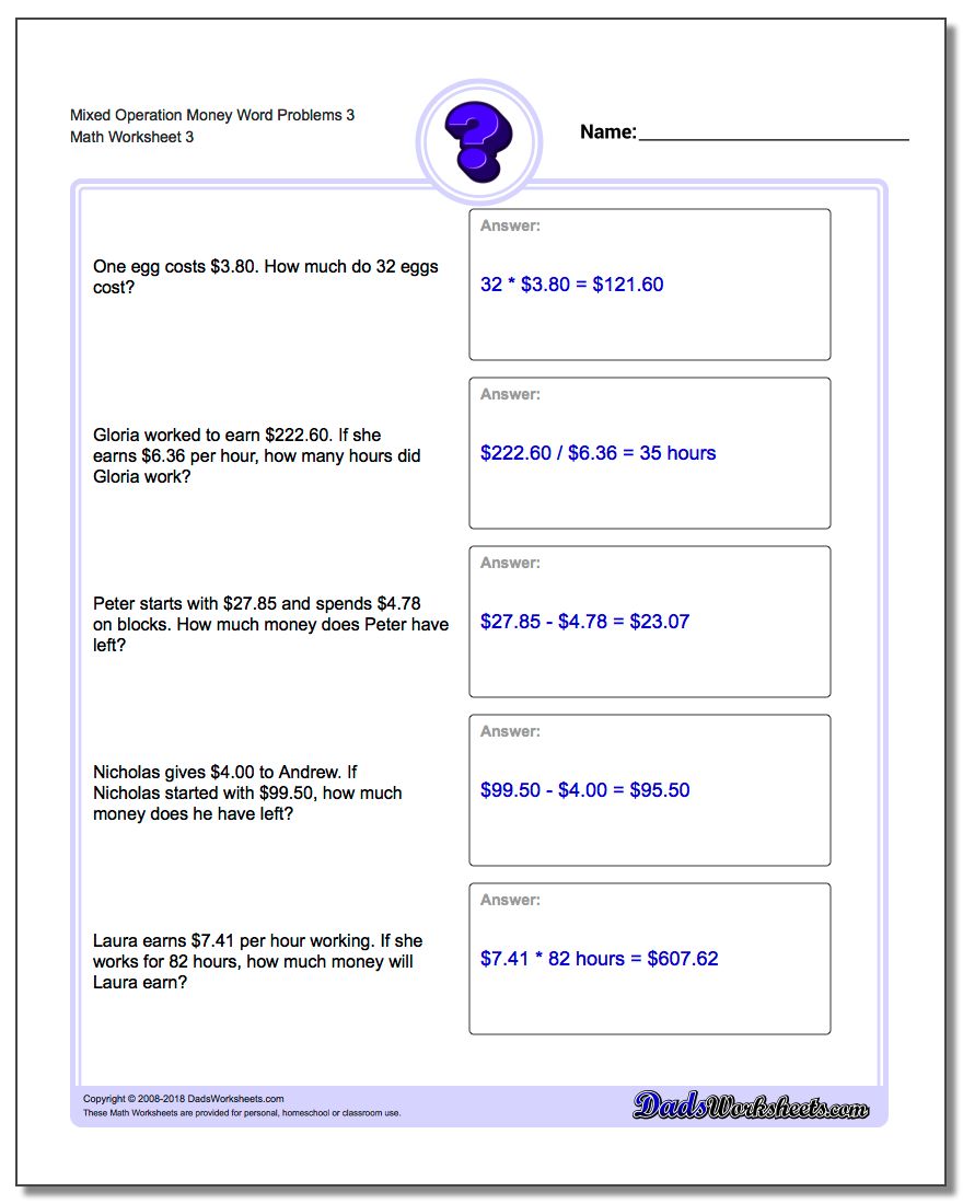 Mixed Operation Money Word Problems Worksheet 3