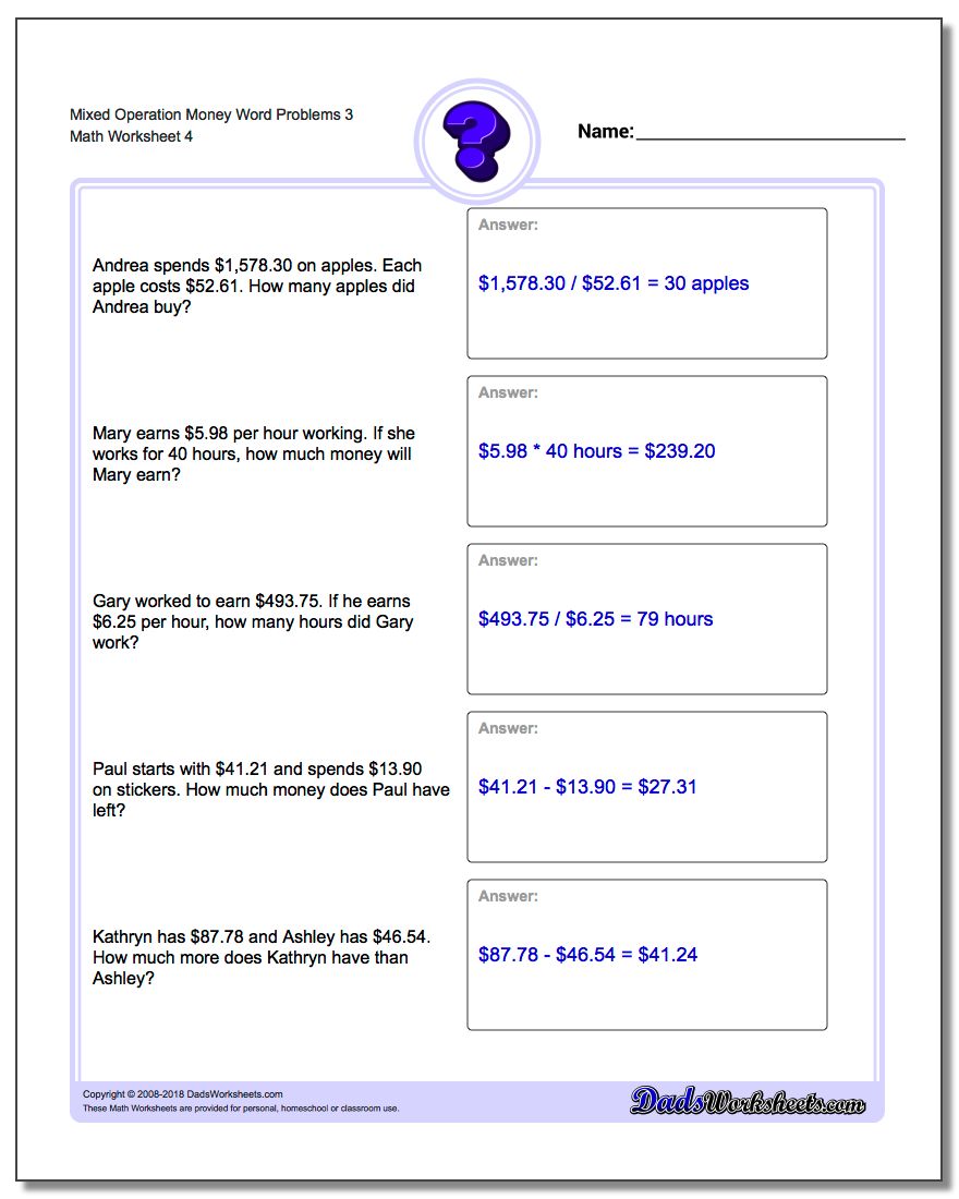 Mixed Operation Money Word Problems Worksheet 3