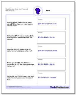 Money Word Problems Worksheet Mixed Operation 2