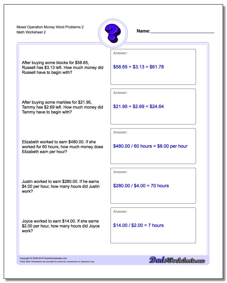 Mixed Operation Money Word Problems Worksheet 2 www.dadsworksheets.com/worksheets/money-word-problems.html