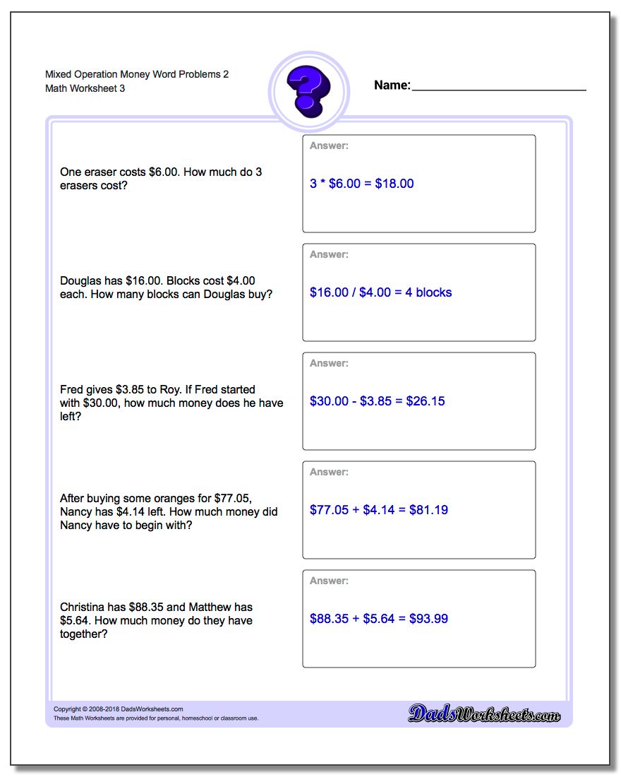 Mixed Operation Money Word Problems Worksheet 2