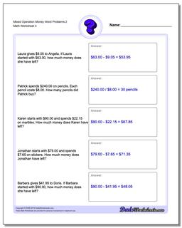 Mixed Operation Money Word Problems Worksheet 2