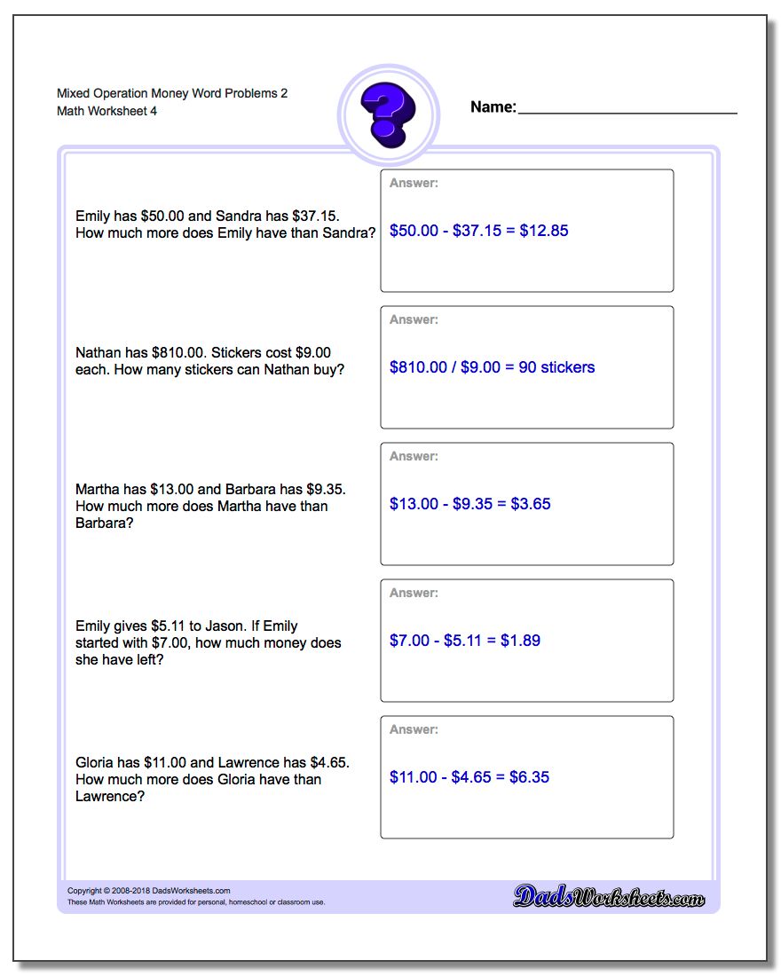 Mixed Operation Money Word Problems Worksheet 2