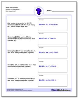 Money Word Problems Worksheet Addition Worksheet and Subtraction Worksheet 5