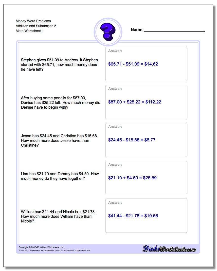 worksheet Money Subtraction Worksheets addition and subtraction money word problems worksheet 5