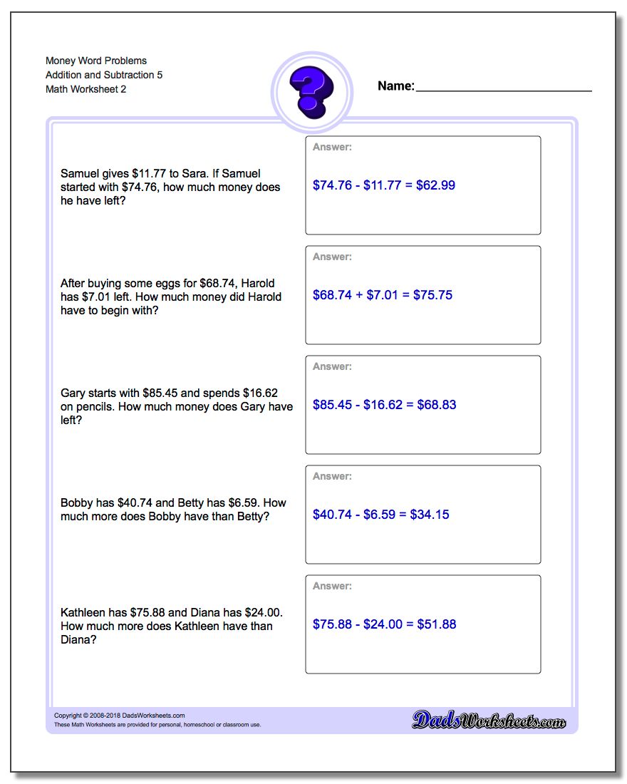 Money Word Problems Worksheet Addition Worksheet and Subtraction Worksheet 5 www.dadsworksheets.com/worksheets/money-word-problems.html