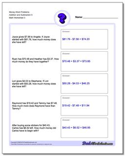 Money Word Problems Worksheet Addition Worksheet and Subtraction Worksheet 5