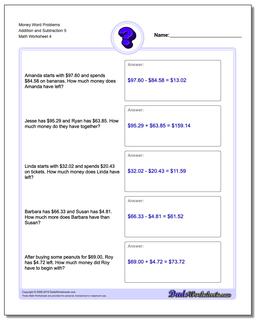 Money Word Problems Worksheet Addition Worksheet and Subtraction Worksheet 5