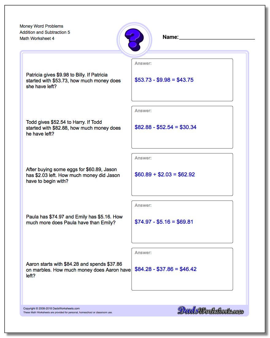 Money Word Problems Worksheet Addition Worksheet and Subtraction Worksheet 5