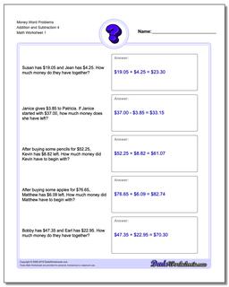 Money Word Problems Worksheet Addition Worksheet and Subtraction Worksheet 4